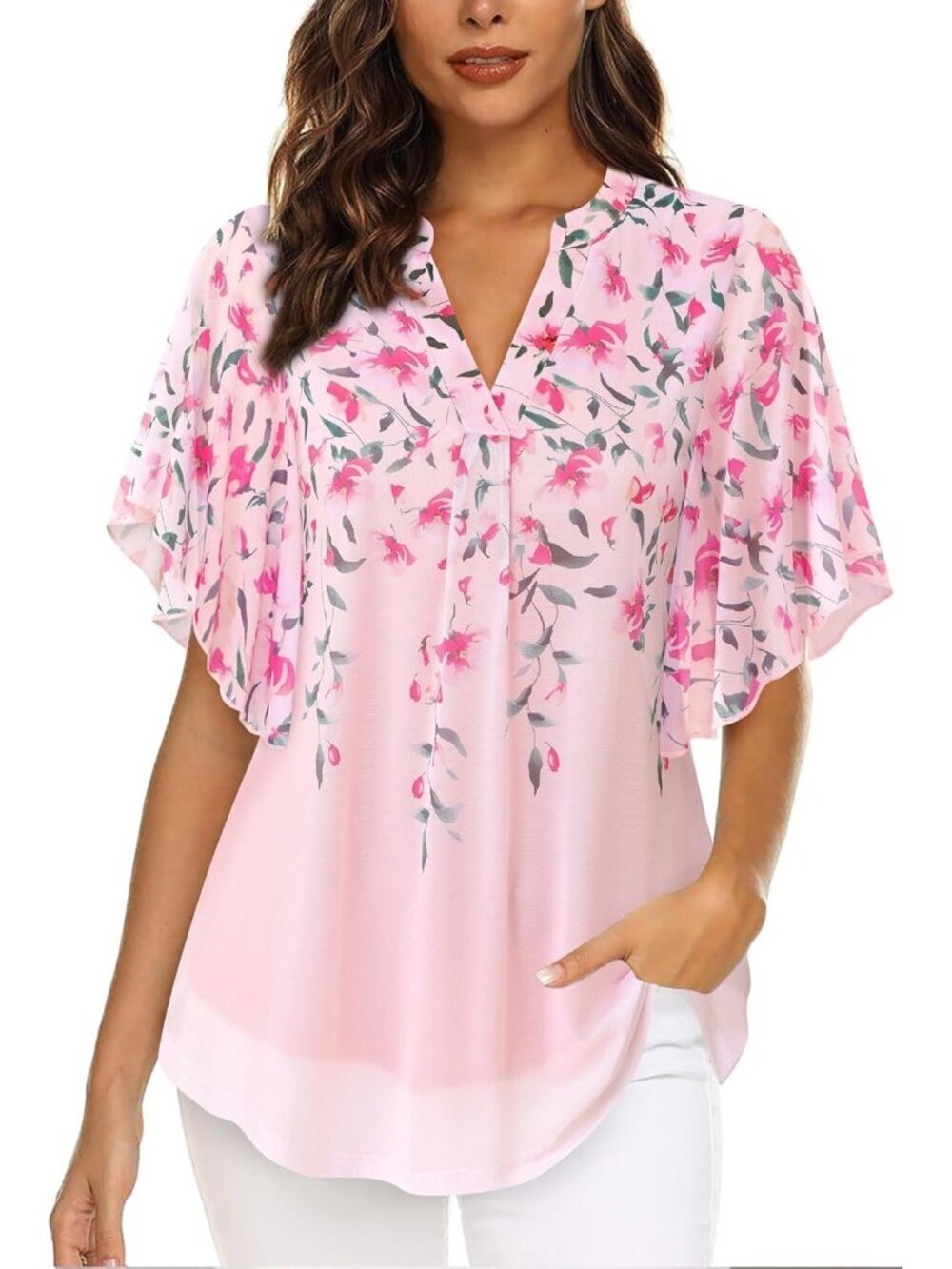 Women's Pink Floral Short Sleeve V Neck Top Blouses Floral Double Layers Shirts - Picture 3 of 5